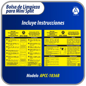 Appli Parts APCC-1836B Bolsa de Mantenimiento o Limpieza Mini Split de 1.5 - 3 Toneladas (18,000 a 36,000 Btu) equipos de 1 a 1.3 m, Impermeable, Manguera de 2.8 m para Drenaje, con Placa de Soporte.