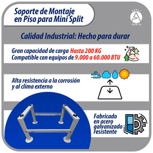 Appli Parts APAB-4440 Soporte de Montaje en Piso para Mini Split. Soporta 200 kg, Compatible desde 9000 a 60000 BTU, Incluye Gomas Antivibracion y Kit Completo de Instalacion. Extensible 56 a 100 cm
