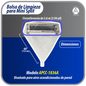 Appli Parts APCC-1836A Bolsa de Mantenimiento o Limpieza Mini Split 1.5 - 3 Toneladas (18.000 a 36.000 Btu) Circunferencia 3.6 m, Impermeable, manguera de drenaje integrada. Remplaza 535 537 565 575
