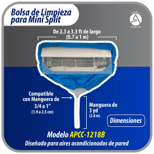 Appli Parts APCC-1218B Bolsa de Mantenimiento o Limpieza Mini Split de 1 - 1.5 Toneladas (18.000 Btu) para equipos de 0.7 a 1 m, Impermeable, manguera de 2.8 m para drenaje. Remplaza 532 533 562 572