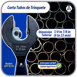 Appli Parts APT-TC114 Cortador de tubos con trinquete 1/4 a 7/8 in (6 a 23 mm) para cobre, aluminio, laton, acero inoxidable y PVC con cuchilla de repuesto diseno ergonomico y duradero