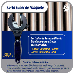 Appli Parts APT-TC115 Cortador de tubos con trinquete 5/16 a 1-1/8 in (8 a 29 mm) para cobre, aluminio, laton, acero inoxidable y PVC con cuchilla de repuesto diseno ergonomico y duradero