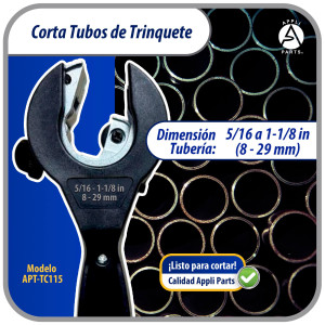 Appli Parts APT-TC115 Cortador de tubos con trinquete 5/16 a 1-1/8 in (8 a 29 mm) para cobre, aluminio, laton, acero inoxidable y PVC con cuchilla de repuesto diseno ergonomico y duradero