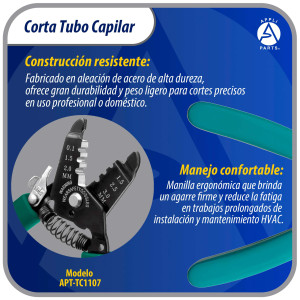 Appli Parts APT-TC1107 Corta Tubo Capilar para Cobre hasta 1/8 in o 3 mm, Herramienta Profesional para HVAC y Bricolaje, compatible con metales blandos