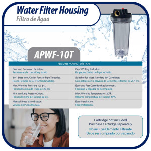 Appli Parts APWF-10T Filtro de Agua de 10 pulg color Transparente con Conector Hembra de 3/4 pulg de Bronce (No incluye el elemento filtrante) Appli Parts APWF-10T Filtro de Agua de 10 pulg color Transparente con Conector Hembra de 3/4 pulg de Bronce (No incluye el elemento filtrante)