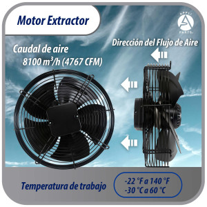 Appli Parts AXF-550-4 Extractor Axial 550 mm (21-5/8 pulg) 220-440 V, 3 ph, 60 Hz, 600 W, 1560 rpm, Rango Temperatura -30 C a 60 C, incluye aspa y base tipo jaula