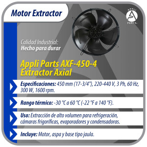 Appli Parts AXF-450-4 Extractor Axial 450 mm (17-3/4 pulg) 220-440 V, 3 ph, 60 Hz, 300 W, 1600 rpm, Rango Temperatura -30 C a 60 C, incluye aspa y base tipo jaula
