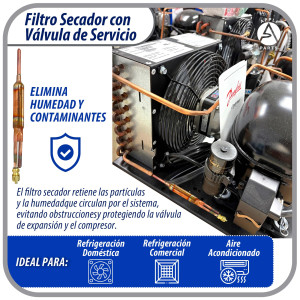 Appli Parts APFD-115S Filtro Secador con conexion 1/4 x 1/4 pulg 15 gramos, con valvula de gusanillo, para uso en sistema de refrigeracion y aire acondicionado