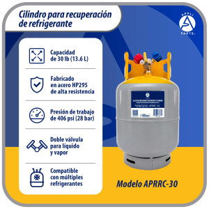 Appli Parts APRRC-30 Cilindro de Recuperacion de Refrigerante 30 lb, 13.6 L, 406 psi (28 bar), Acero HP295, Doble Valvula Liquido/Vapor, Compatible R12 R22 R134a R410A R407C y mas, uso HVAC