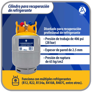 Appli Parts APRRC-30 Cilindro de Recuperacion de Refrigerante 30 lb, 13.6 L, 406 psi (28 bar), Acero HP295, Doble Valvula Liquido/Vapor, Compatible R12 R22 R134a R410A R407C y mas, uso HVAC