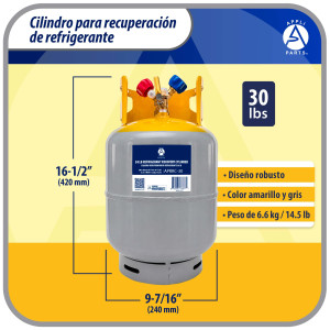 Appli Parts APRRC-30 Cilindro de Recuperacion de Refrigerante 30 lb, 13.6 L, 406 psi (28 bar), Acero HP295, Doble Valvula Liquido/Vapor, Compatible R12 R22 R134a R410A R407C y mas, uso HVAC