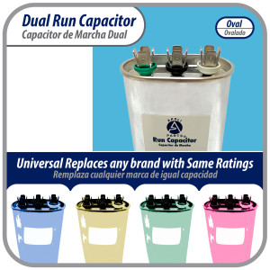 Appli Parts Condensador Capacitor de Marcha 45+5 Mfd uF (microfaradios) 370VAC CBB65 Universal Aire acondicionado y otras aplicaciones Ovalado UL E476928 5.1cm Ancho 2.5cm Prof 10.2cm Alto CON-45/5-370