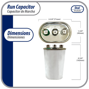 Appli Parts CON-45/5-370 Condensador Capacitor de Marcha 45+5 Mfd uF (microfaradios) 370VAC CBB65 Universal Aire acondicionado y otras aplicaciones Ovalado UL, 5.1cm Ancho 2.5cm Prof 10.2cm Alto