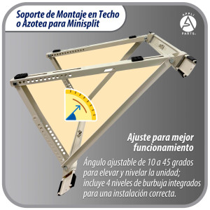 Appli Parts APAB-4335 Soporte de Montaje para Techo/Azotea Minisplit 9000 a 24000 BTU Soporta 150 kg (335 lb) Ajustable de 10 a 45 Grados Incluye Almohadillas Antivibracion y Kit de Instalacion