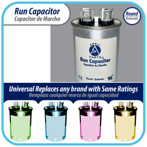 Appli Parts Condensador Capacitor de Marcha 70 Mfd uF (microfaradios) 370VAC o 450VAC CBB65 Universal Aire acondicionado y otras aplicaciones Redondo UL E476928 12cm Alto 5.2cm Ancho CON-70-450