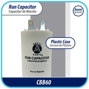 Appli Parts Condensador Capacitor de Marcha 50 Mfd uF (microfaradios) 250VAC CBB60 Cuerpo plastico para bombas de agua y otras aplicaciones Redondo UL E476928 10.8cm Alto 4.5cm Ancho CON-50-250-P