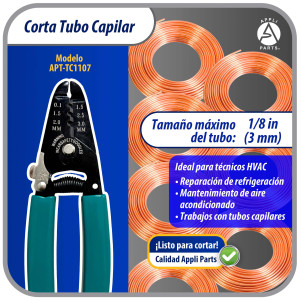 Appli Parts APT-TC1107 Corta Tubo Capilar para Cobre hasta 1/8 in o 3 mm, Herramienta Profesional para HVAC y Bricolaje, compatible con metales blandos