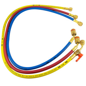 Uniweld EZ3HS Juego Mangueras Manometro 3 Mangueras 3pies de largo Azul y Rojo con EZ-Turn Amarilla con Valvula de bola CFC/HCFC/HFC Compatible con R410A, Anti-Blowback Soft Magic