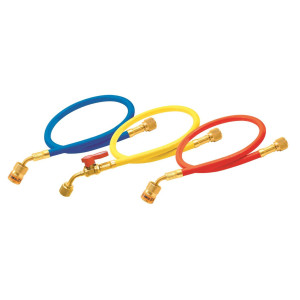 Uniweld EZ3HS Juego Mangueras Manometro 3 Mangueras 3pies de largo Azul y Rojo con EZ-Turn Amarilla con Valvula de bola CFC/HCFC/HFC Compatible con R410A, Anti-Blowback Soft Magic