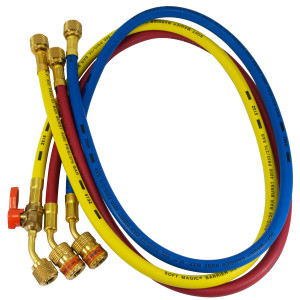 Uniweld EZ3HS Juego Mangueras Manometro 3 Mangueras 3pies de largo Azul y Rojo con EZ-Turn Amarilla con Valvula de bola CFC/HCFC/HFC Compatible con R410A, Anti-Blowback Soft Magic