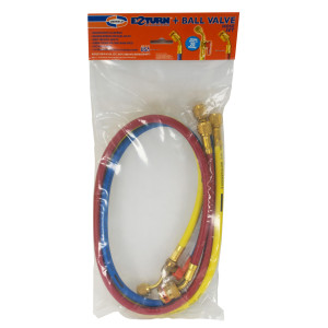 Uniweld EZ3HS Juego Mangueras Manometro 3 Mangueras 3pies de largo Azul y Rojo con EZ-Turn Amarilla con Valvula de bola CFC/HCFC/HFC Compatible con R410A, Anti-Blowback Soft Magic