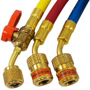 Uniweld EZ3HS Juego Mangueras Manometro 3 Mangueras 3pies de largo Azul y Rojo con EZ-Turn Amarilla con Valvula de bola CFC/HCFC/HFC Compatible con R410A, Anti-Blowback Soft Magic