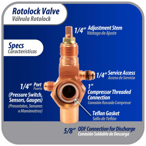 Appli Parts APRV-VA10 Valvula Rotolock V10 1 pulg x 5/8 pulg Soldable con puertos de acceso de 1/4 pulg Universal para sistemas de refrigeracion y aire acondicionado Appli Parts APRV-VA10 Valvula Rotolock V10 1 pulg x 5/8 pulg Soldable con puertos de acceso de 1/4 pulg Universal para sistemas de refrigeracion y aire acondicionado