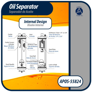 Appli Parts APOS-55824 Separador de Aceite 1/2 pulg ODF Soldable, CFC, HCFC, HFC, Compatible con R22, R407C, R502, R134a, R404A, R507A, Temperatura de trabajo desde -10 C a 130 C