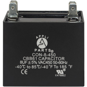 Appli Parts Condensador Capacitor de ventilador 8 mfd (microfaradios) uf 450VAC con conectores compatible con cualquier marca de igual capacitancia 4.7cm Ancho 2.6cm Prof 4.6cm Alto CAP-8-450
