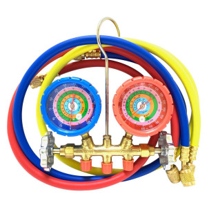 Appli Parts APMG-A3B36 Manometro R134,R22,R404,R410, Escala Presion psi, Escala Temperatura Fahrenheit, Cuerpo de Laton, Incluye adaptor 5/16 SAE a 1/4 SAE y Juego de Mangueras 90 cm 1/4 SAE