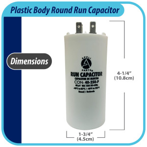 Appli Parts Condensador Capacitor de Marcha 40 Mfd uF (microfaradios) 250VAC CBB60 Cuerpo plastico para bombas de agua y otras aplicaciones Redondo UL E476928 10.8 cm Alto 4.5 cm Ancho CON-40-250-P