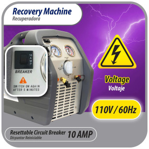 Appli Parts APRRM-121 Maquina recuperadora de refrigerante 1/2 Hp, 110 V, 60Hz, portable funciona con multiples refrigerantes, incluye filtro secador y manguera