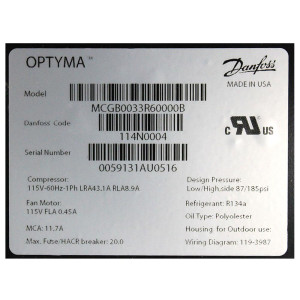 Danfoss MCGB0033R60000B 1/3HP+, Compatible con R134a, Unidad Condensadora para Refrigeracion, Cobre y Aluminio MBP 115/1/60 (V/Ph/Hz) 1 Ventilador, Compresor Fraccionario NF11FX, 114N0004