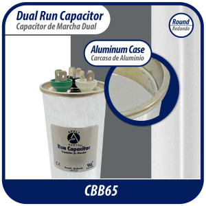Appli Parts Condensador Capacitor de Marcha 65+5 Mfd uF (microfaradios) 370VAC o 450VAC CBB65 Universal Aire acondicionado y aplicaciones Redondo UL E476928 13cm Alto 5.7cm Ancho CON-65/5-450