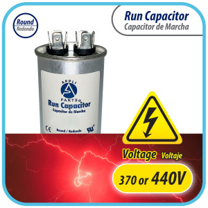 Appli Parts Condensador Capacitor de Marcha 35 Mfd uF (microfaradios) 370VAC o 450VAC CBB65 Universal Aire acondicionado y otras aplicaciones Redondo UL E476928 9.3cm Alto 4.7cm Ancho CON-35-450