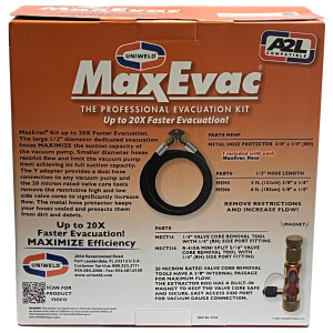 Uniweld MaxEvac Pro Kit MEPK14 incluye manguera MaxEvac 72 in 1/2 con conexiones 3/8 x 1/4 recto, herramienta Valve Core Tool con puerto lateral, adaptador Y 3/8FF x 3/8MF, soporte de manguera, bolso