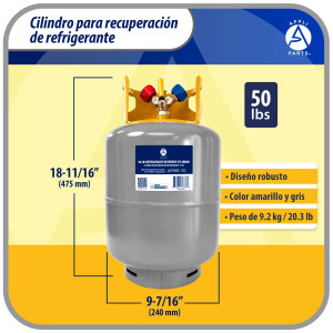 Appli Parts APRRC-50 Cilindro de Recuperacion de Refrigerante 50 lbs, 22.7 L, 406 psi (28 bar), Acero HP295, Doble Valvula Liquido/Vapor, Compatible R12 R22 R134a R410A R407C y mas, uso HVAC