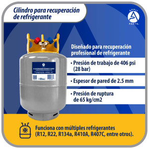 Appli Parts APRRC-50 Cilindro de Recuperacion de Refrigerante 50 lbs, 22.7 L, 406 psi (28 bar), Acero HP295, Doble Valvula Liquido/Vapor, Compatible R12 R22 R134a R410A R407C y mas, uso HVAC