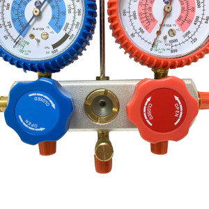 Appli Parts APMG-A1A36S Manometro R410, Escala Dual Presion Kpa/psi, Dual Temperatura Fahrenheit/Centigrado, Cuerpo Aluminio con Mirilla, incluye Mangueras 90cm 5/16 SAE Rojo y Azul, 1/4 SAE Amarillo