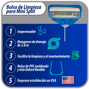 Appli Parts APCC-1836B Bolsa de Mantenimiento o Limpieza Mini Split de 1.5 - 3 Toneladas (18,000 a 36,000 Btu) equipos de 1 a 1.3 m, Impermeable, Manguera de 2.8 m para Drenaje, con Placa de Soporte.