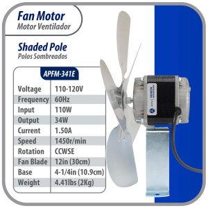 Appli Parts APFM-341E Motor Ventilador 34W Condensador y Evaporador 115V 60Hz 1.5A, Incluye Aspa de Aluminio de 30cm y Base de Montaje, Repuesto Universal para Equipos de Refrigeracion Comercial