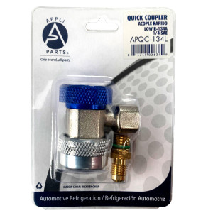 Appli Parts APQC-134L Acople Rapido Refrigeracion y Aire Acondicionado Automotriz para carga y servicio Compatible con R134a, Baja azul, adaptador de bronce, conexion de 1/4 de pulg