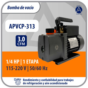 Appli Parts APVCP-313 Bomba de Vacio HVAC 3.0 CFM 1/4 HP 1 Etapa 115/220 V 50-60 Hz para Calefaccion, Aire Acondicionado, A/C Automotriz y Refrigeracion, Entradas 1/4 y 3/8 in