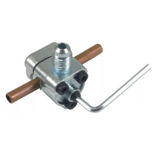 Valvula perforadora tipo bala con adaptadores de tubo de 1/4, 5/16 o 3/8 pulgada y sello  para sistemas de refrigeracion con puerto de servicio SAE de 1/4 pulgada