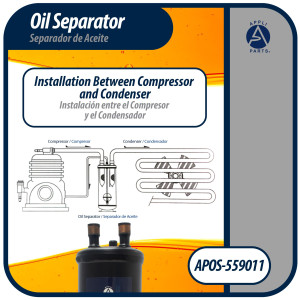 Appli Parts APOS-559011 Separador de Aceite 1 3/8 pulg ODF Soldable, CFC, HCFC, HFC, Compatible con R22, R407C, R502, R134a, R404A, R507A, Temperatura de trabajo desde -10 C a 130 C