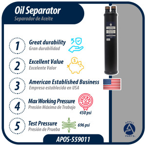 Appli Parts APOS-559011 Separador de Aceite 1 3/8 pulg ODF Soldable, CFC, HCFC, HFC, Compatible con R22, R407C, R502, R134a, R404A, R507A, Temperatura de trabajo desde -10 C a 130 C