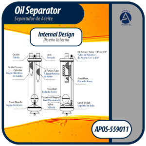 Appli Parts APOS-559011 Separador de Aceite 1 3/8 pulg ODF Soldable, CFC, HCFC, HFC, Compatible con R22, R407C, R502, R134a, R404A, R507A, Temperatura de trabajo desde -10 C a 130 C