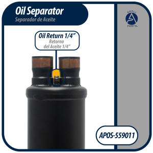 Appli Parts APOS-559011 Separador de Aceite 1 3/8 pulg ODF Soldable, CFC, HCFC, HFC, Compatible con R22, R407C, R502, R134a, R404A, R507A, Temperatura de trabajo desde -10 C a 130 C