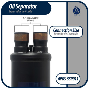 Appli Parts APOS-559011 Separador de Aceite 1 3/8 pulg ODF Soldable, CFC, HCFC, HFC, Compatible con R22, R407C, R502, R134a, R404A, R507A, Temperatura de trabajo desde -10 C a 130 C