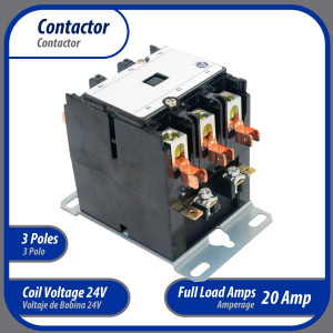 Contactor 3 Polos 20A 24V repuesto para compresores de CA y otras aplicaciones electricas Certificacion UL E476929 de Trabajo Pesado, Appli Parts modelo APAC-32024 Contactor 3 Polos 20A 24V repuesto para compresores de CA y otras aplicaciones electricas Certificacion UL E476929 de Trabajo Pesado, Appli Parts modelo APAC-32024